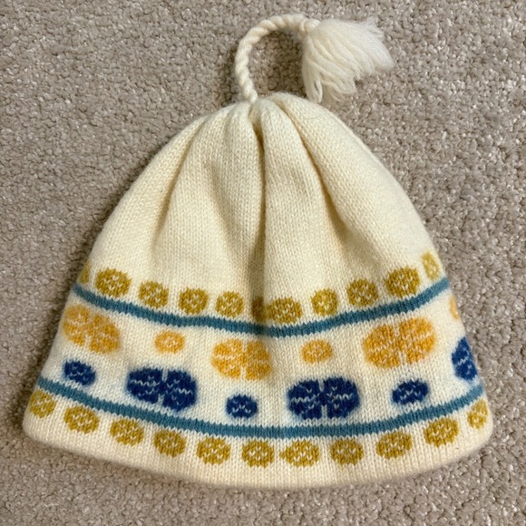 Turtle Fur Wool Beanie Hat Winter‎ Knit Cap Fair Isle Pom Cream Blue Yellow - Picture 1 of 8